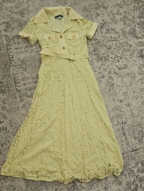 DALIA MACPHEE Lace A-Line Midi Dress with Belt in Pale Yellow